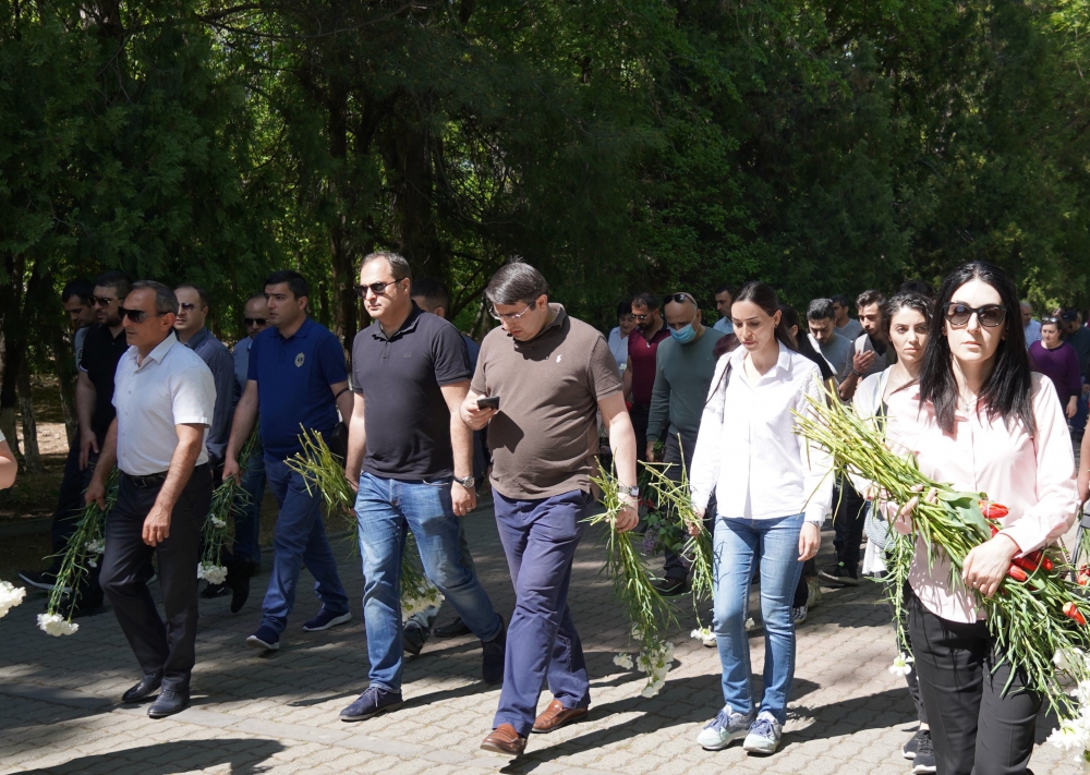 ADVOCATES LAY FLOWERS AT TSITSERNAKABERD MEMORIAL TO ETERNAL FIRE COMMEMORATING ARMENIAN GENOCIDE VICTIMS